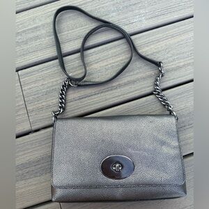 Coach pewter leather turn lock clutch with chain